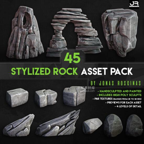 图片[1]-大型游戏山体地表岩石3D模型 Stylized Rock Asset Pack by J Roscinas Low-poly 3D model-后期素材库