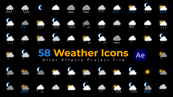 58个云朵天气预报小图标动画AE模板 Videohive – Weather Icons – 58 Pack-后期素材库