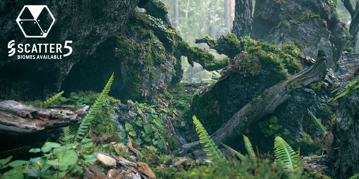 原始森林苔藓蕨类树干石头场景3D模型 Moss Biome Ground Scatter – 3d Assetkit Pbr-后期素材库