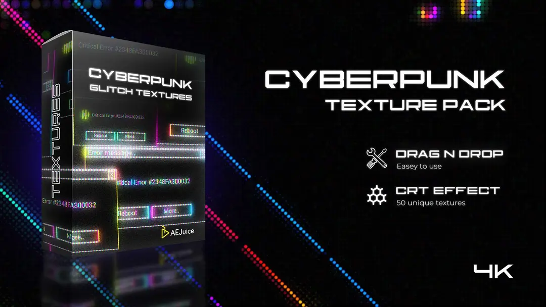 赛博朋克动画纹理叠加素材过渡转场 AEJuice – Cyberpunk Glitch Texture Pack-后期素材库