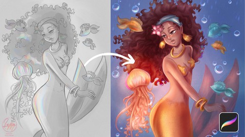 Procreate课程-水下美人鱼插画制作 Udemy – How to Draw a Mermaid in Procreate (join MerMay in 2023!)-后期素材库
