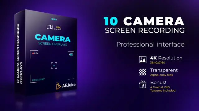 AE/PR预设 – 10个摄像机取景框REC录制界面叠加效果 AEJuice Camera Screen Recordings Overlays-后期素材库