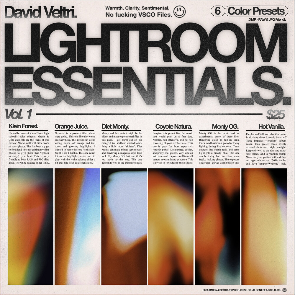 LR预设 – 6个复古温暖怀旧图片调色预设 David Veltri – Essential Presets Vol.1-后期素材库